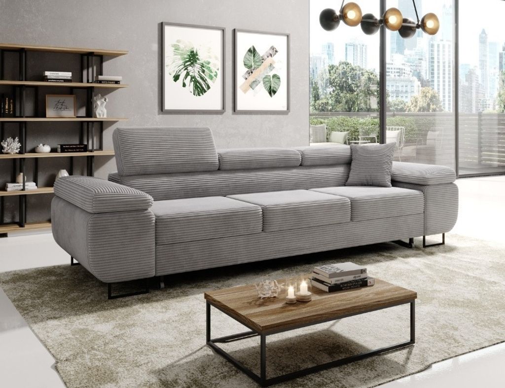 Easy4You Schlafsofa Norberg - 279 cm - Kord Grau - 3 Sitzer Sofa - Werstellbare Kopfstützen - Couch mit Schlaffunktion - Stoff: Kord Poso 55