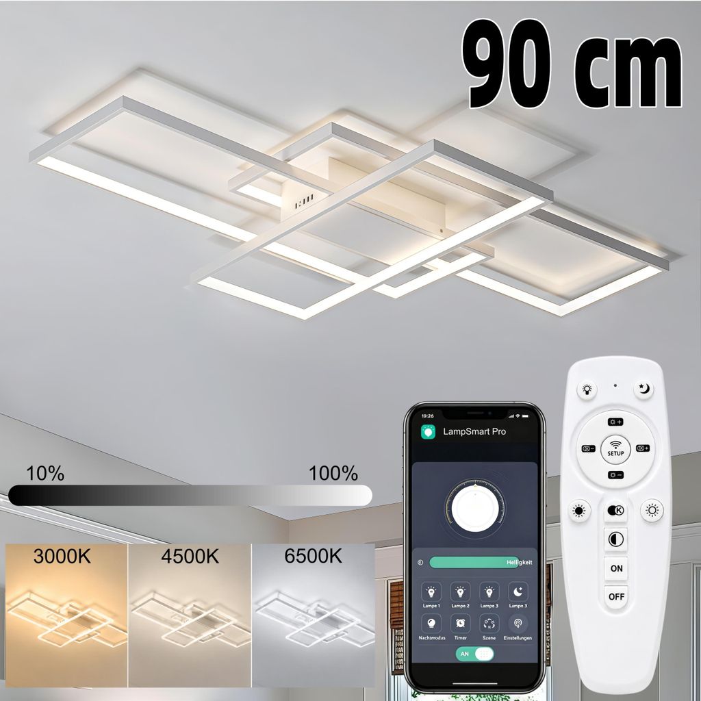 Moderne LED Deckenleuchte 90 x 60cm Weiß, Fernbedienung und Produktbild 