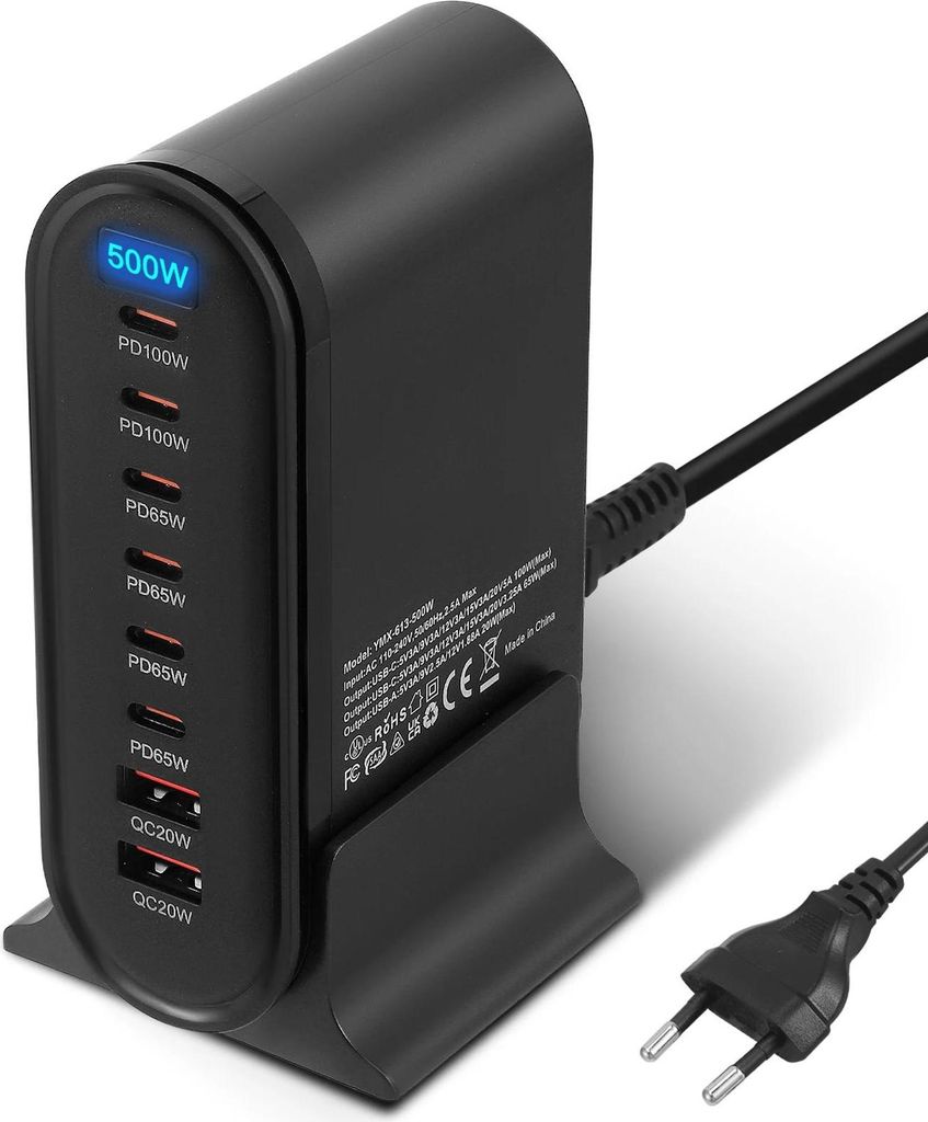 USB-C Schnellladegerät - GaN Ladestation mit 8 Ports - 500 W Gesamtleistung - Universal Multiport - Intelligentes Laden - Schwarz