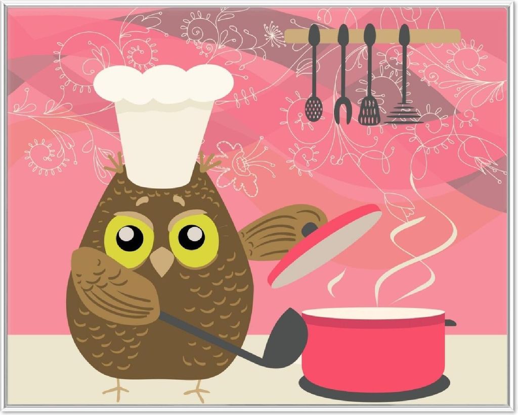 Wallario Wandbild Lustige Eule beim Kochen mit Kochmütze, Größe: 40,30 x 50,30 cm, Poster mit weißem Aluminiumrahmen