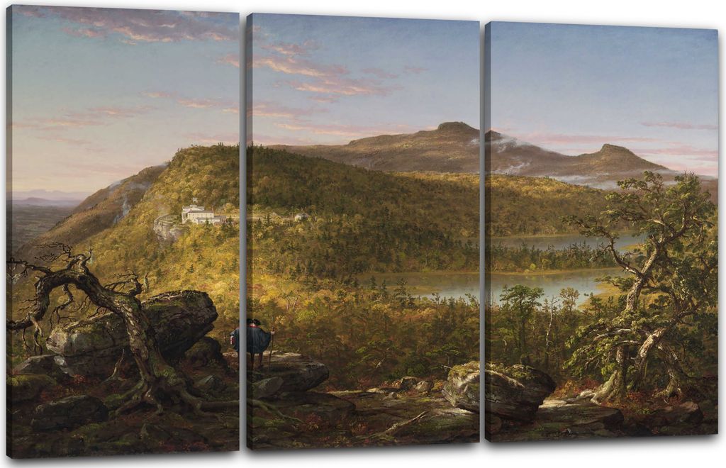 Leinwandbild 3-teilig (120x80cm): Thomas Cole - Blick auf die zwei Seen und Berghütte, echter Holz-Keilrahmen inkl. Aufhänger, handgefertigt in D...