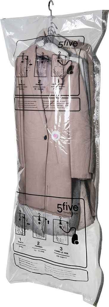 A garment bag with clothing inside, showing instructions for use.