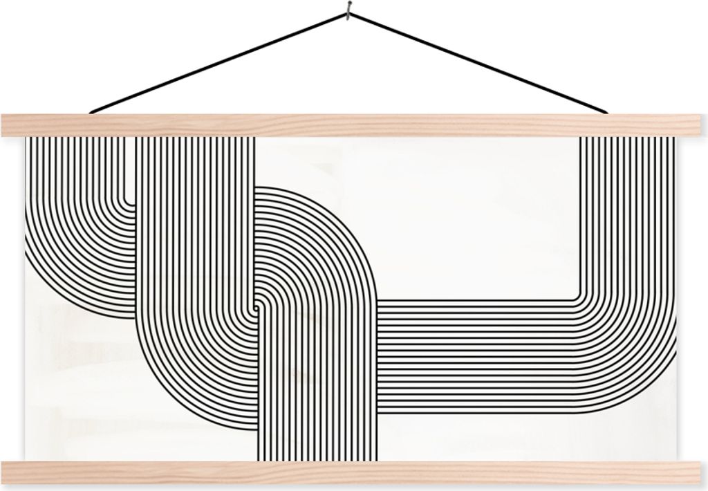 MuchoWow Textilposter Kunst - Schwarz - Weiß 120x60 cm mit holzfarbenen Rahmen - Klemmleiste
