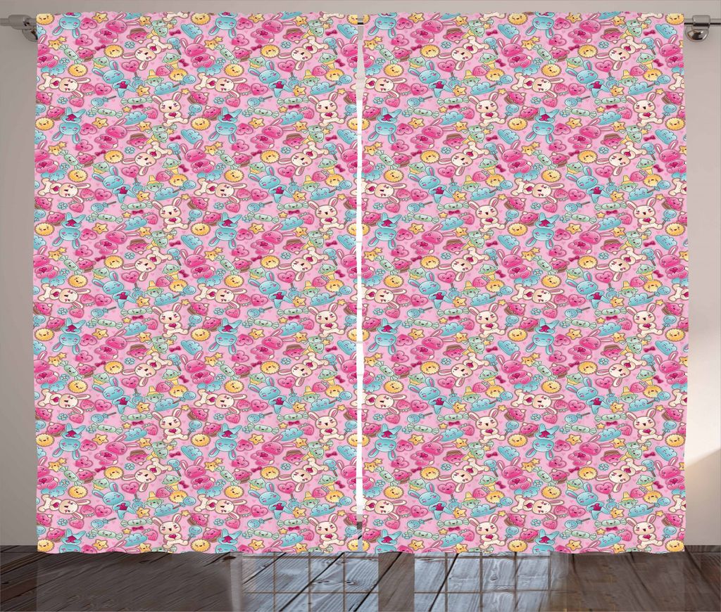 ABAKUHAUS Baby Rustikaler Gardine, Kawaii Hasen und Süßigkeit, Schlafzimmer Kräuselband Vorhang mit Schlaufen und Haken, 280 x 245 cm, Rosa Turq...