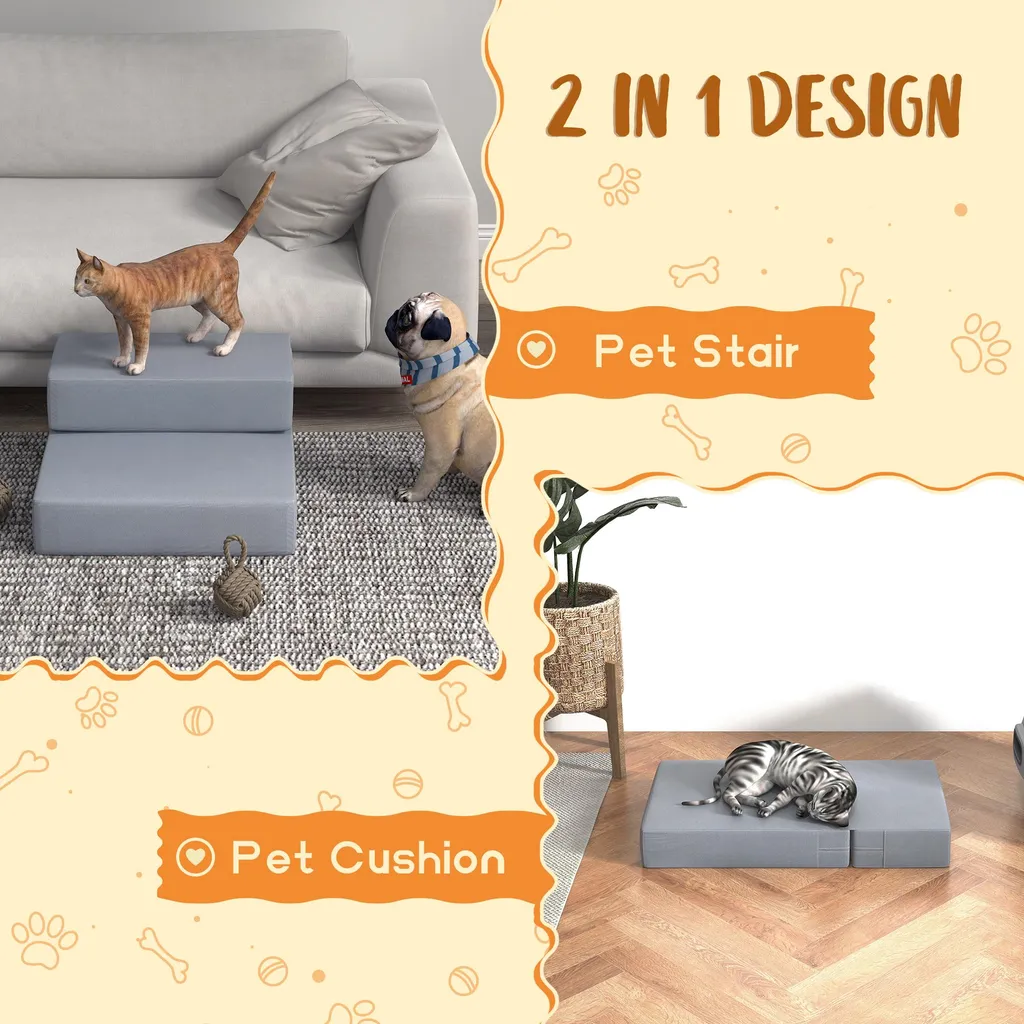 Escalier pour Petits Chiens et Chats Aide au Canapé 2 Marches Gris L45