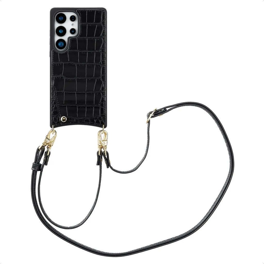 Selencia Nova Croco Custodia per cellulare con cordino e porta carte Samsung Galaxy S25 Ultra - Nero