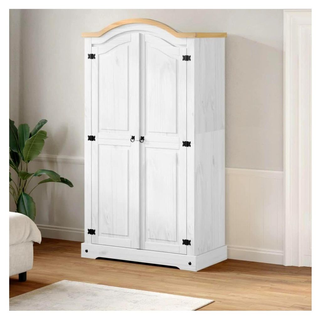 Kleiderschrank Corona Weiß 102x52x186 cm Massivholz Kiefer Garderobenschrank mit Stauraum, Hochschrank für Schlafzimmer, Dielenschrank, Modern