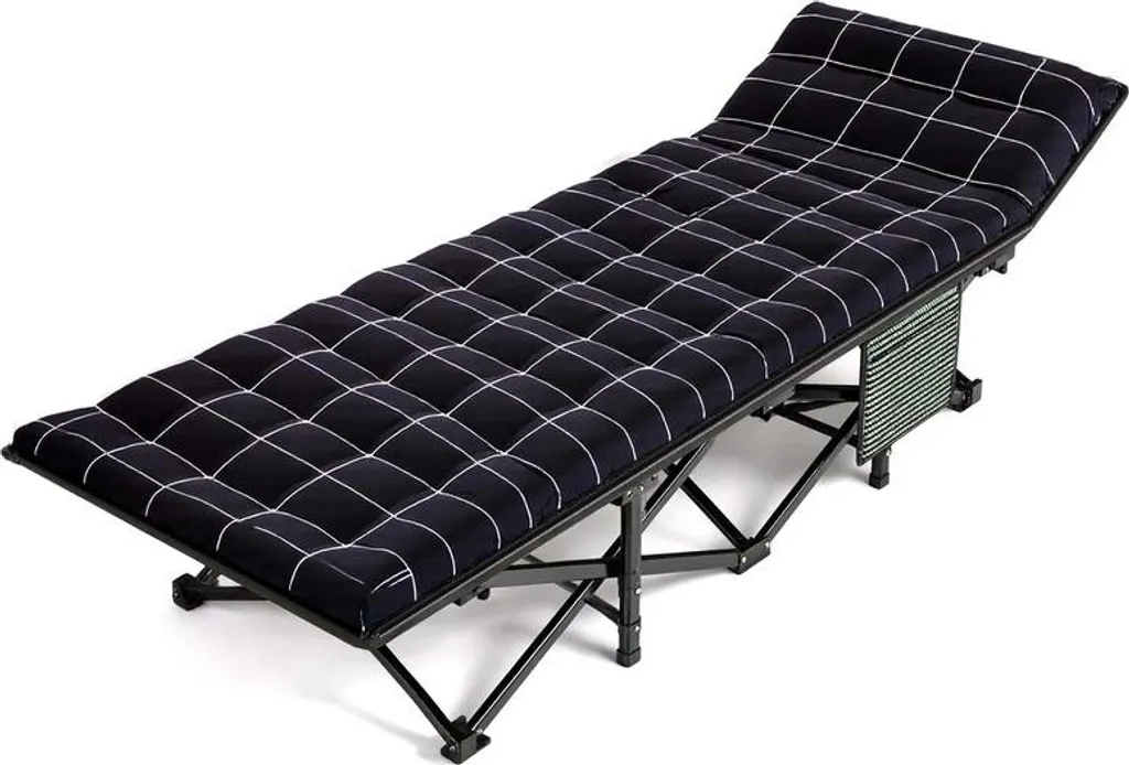 Lit de camping pliable ultra résistant 200 kg avec poche latérale grise