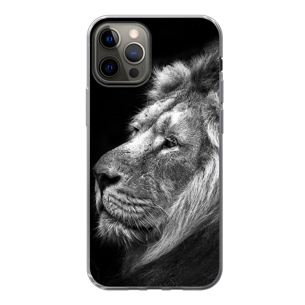MuchoWow Handyhülle Schutzhülle Hülle für iPhone 13 Pro Löwe vor schwarzem Hintergrund in schwarz und weiß Silikon Softcase Handy Hülle - ...