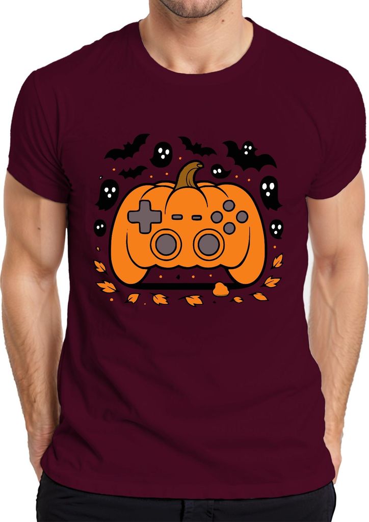 Halloween Kürbis Controller Gamer Geschenk Geister Herbst Zocker Herren T-Shirt, Burgundy, M