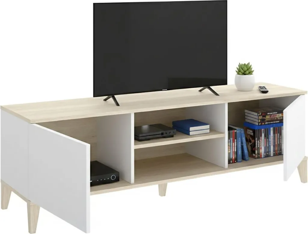 Banc TV moderne 150 cm blanc Altus - Meuble TV bas scandinave 5 niches