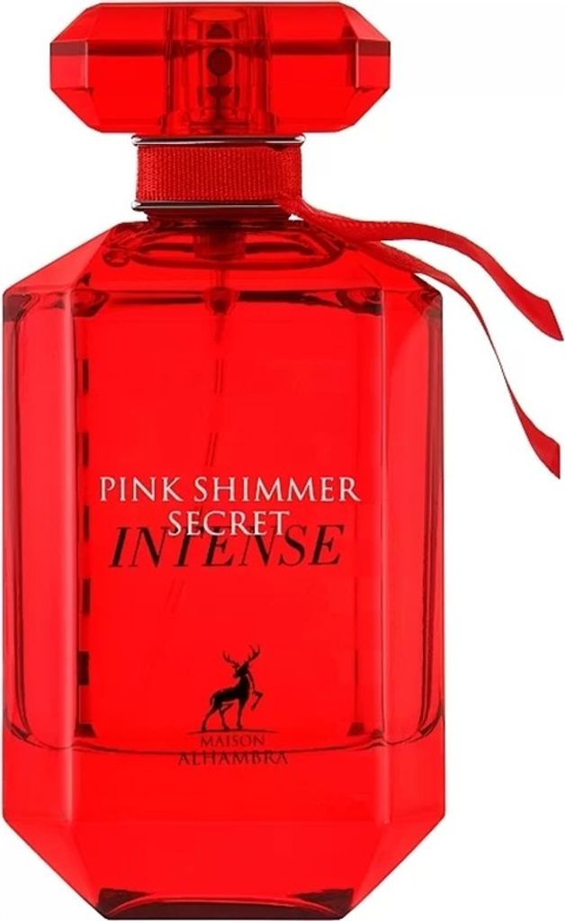 A red glass perfume bottle with a red cap and a red ribbon tied around the neck.