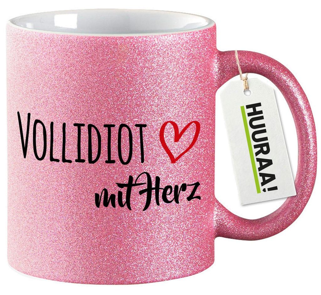 Huuraa Glitzertasse Vollidiot mit Herz 330ml Pink Keramik Kaffeebecher Geschenkidee