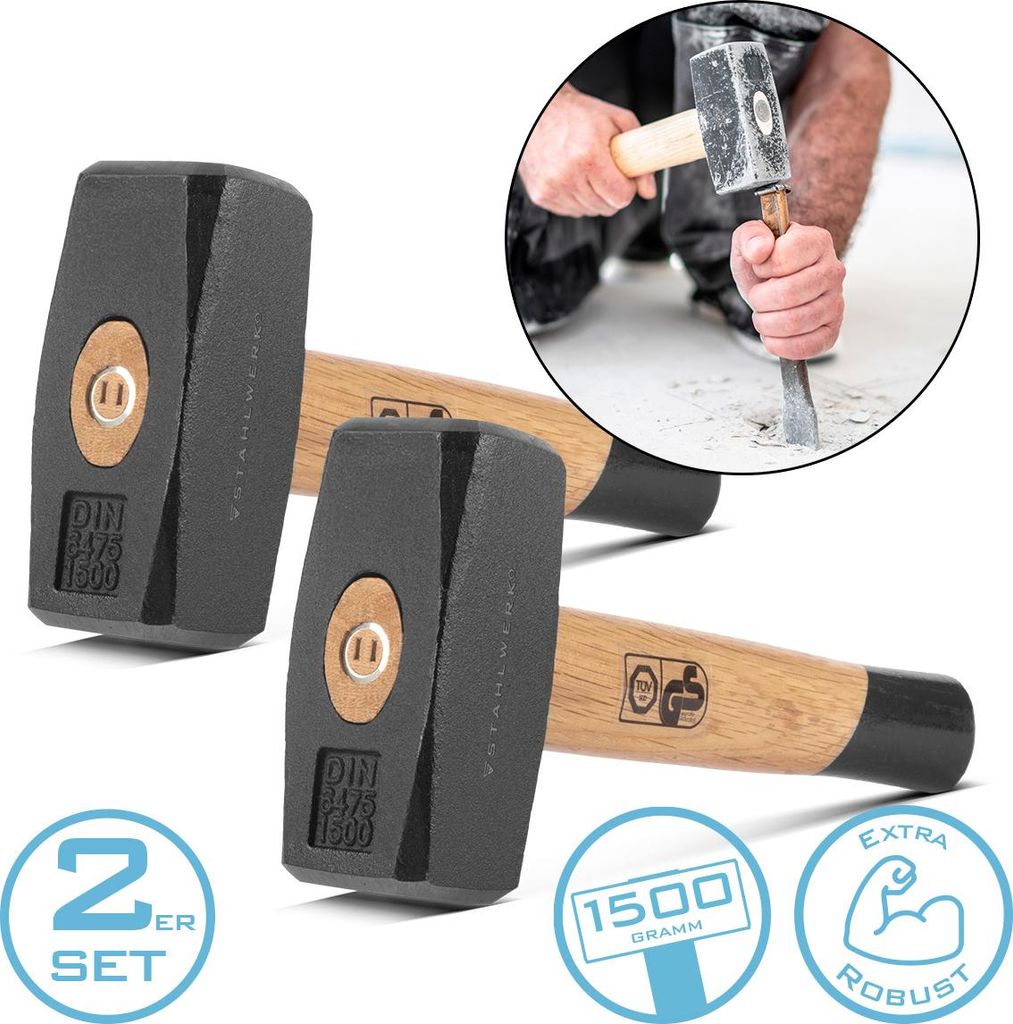 STAHLWERK Fäustel 2er Set mit 1500 g Hammerkopf aus lackiertem, gehärtetem Kohlenstoffstahl – Plattenhammer mit bruchfestem Hartholzstiel, Vors...