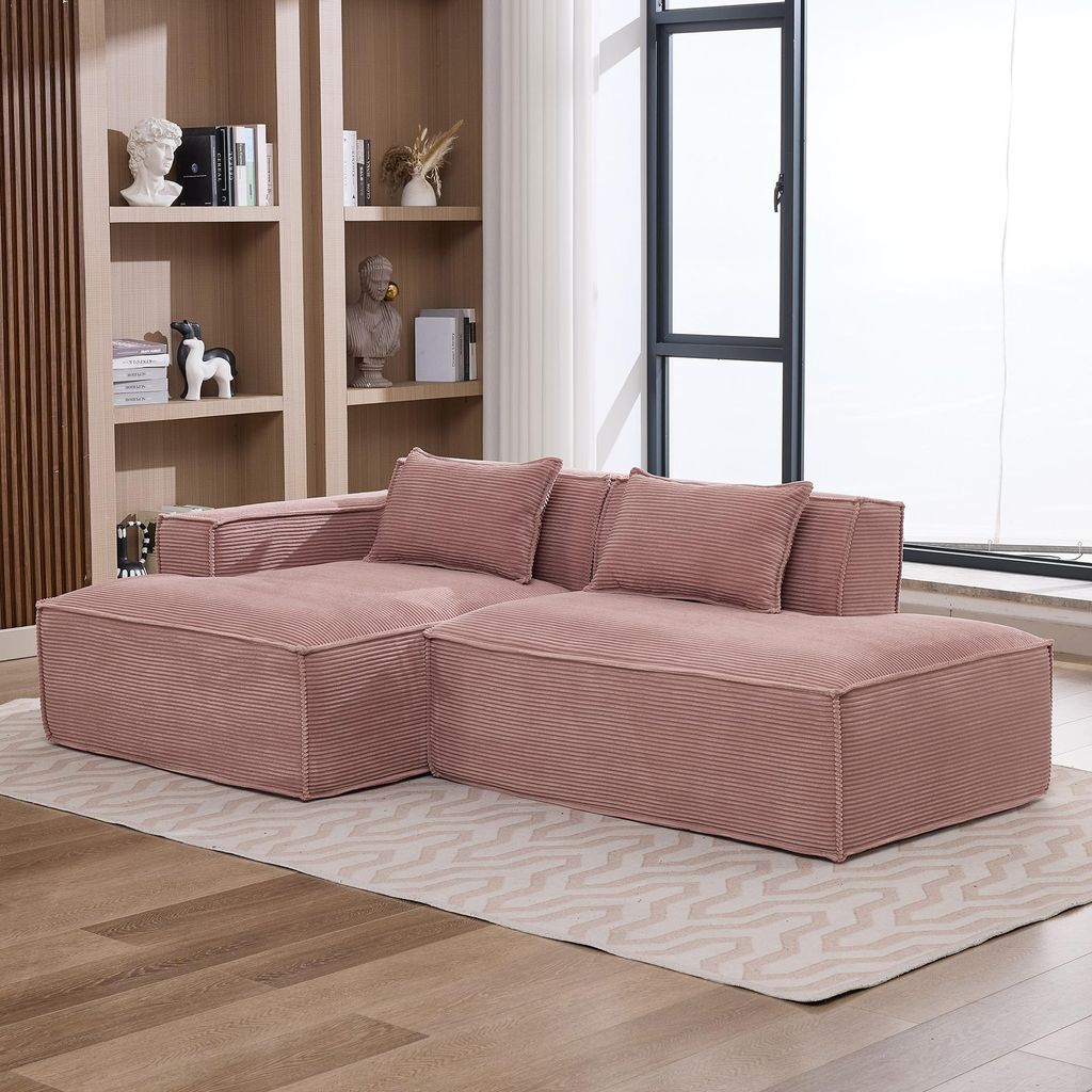 LVHOM Modulsofa Cordstoff 233cm, Bodentiefes Loungesofa 2-Sitzer mit Recamiere, Pflegeleichte Couch für Wohnzimmer, Ohne Montage, Rosa