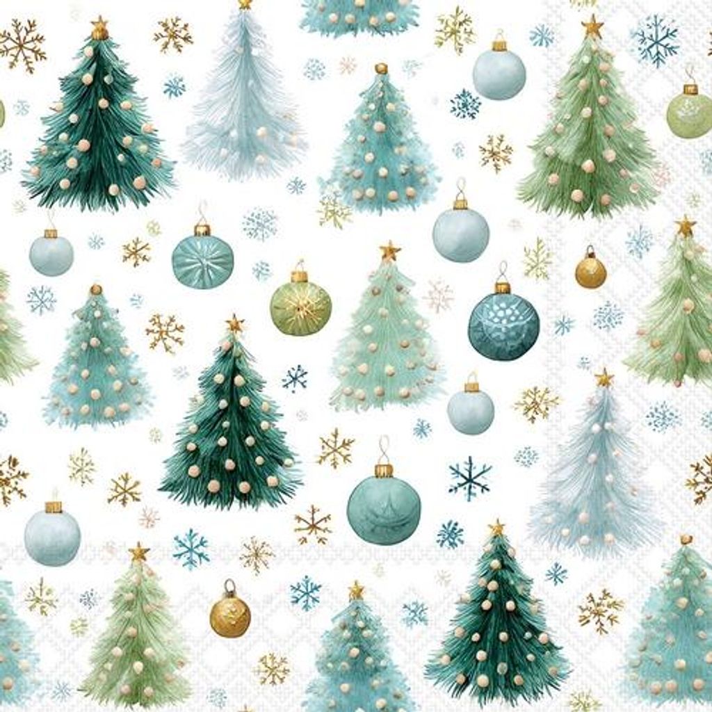 20 Servietten Baubles and Pines - Muster an Tannen und Kugeln 33x33cm