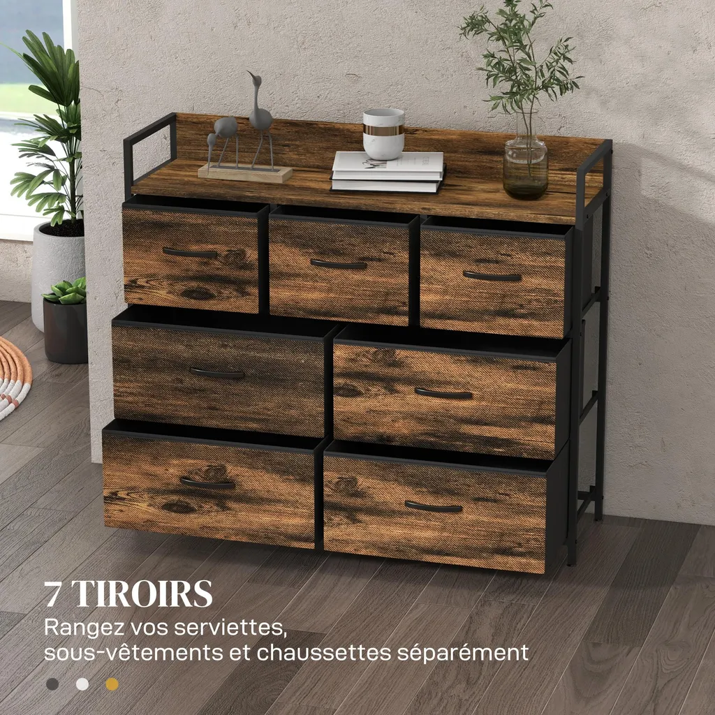 Commode en tissu pliant avec structure acier noir et bois rustique