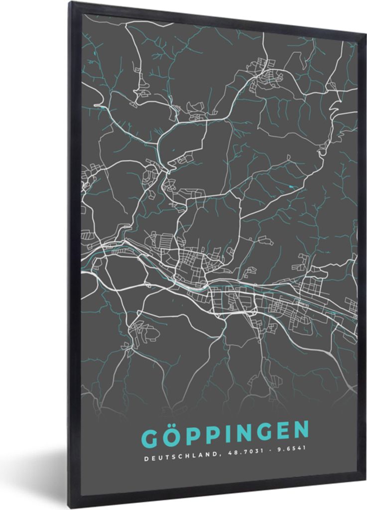 MuchoWow Gerahmtes Poster Blau - Deutschland - Karte - Stadtplan - Göppingen 40x60 cm - Poster mit Schwarzem Bilderrahmen Wandposter Rahmen Foto...