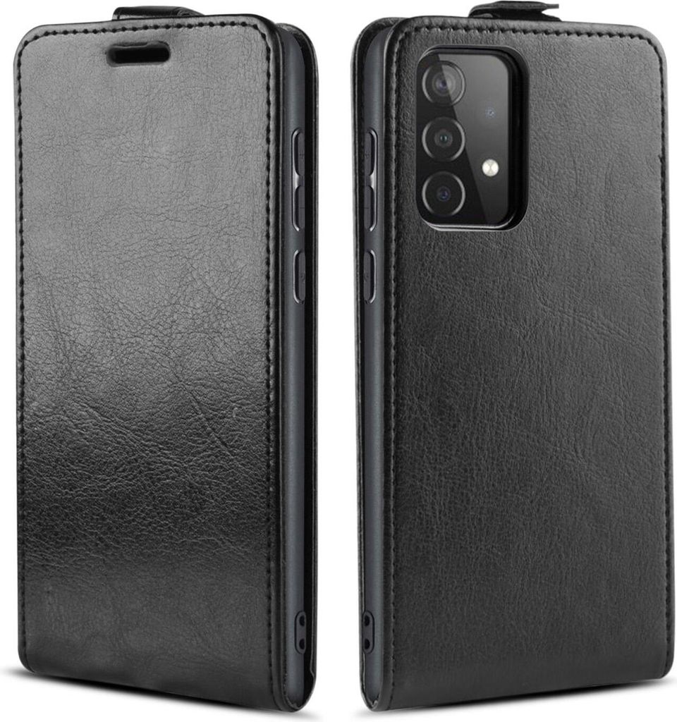 A black flip case for a smartphone is shown from two angles.