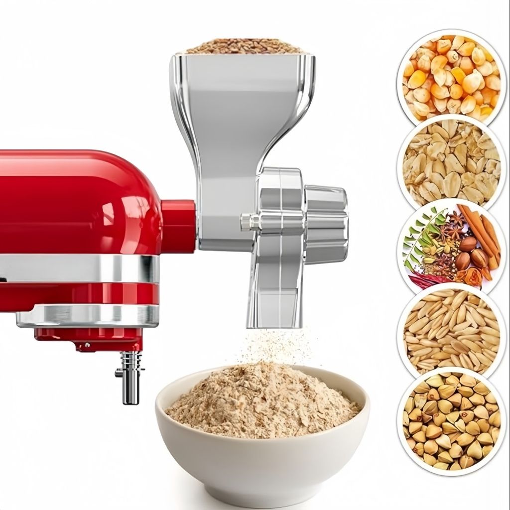 A red KitchenAid stand mixer attachment for grinding grains, with various grains shown in circular insets.