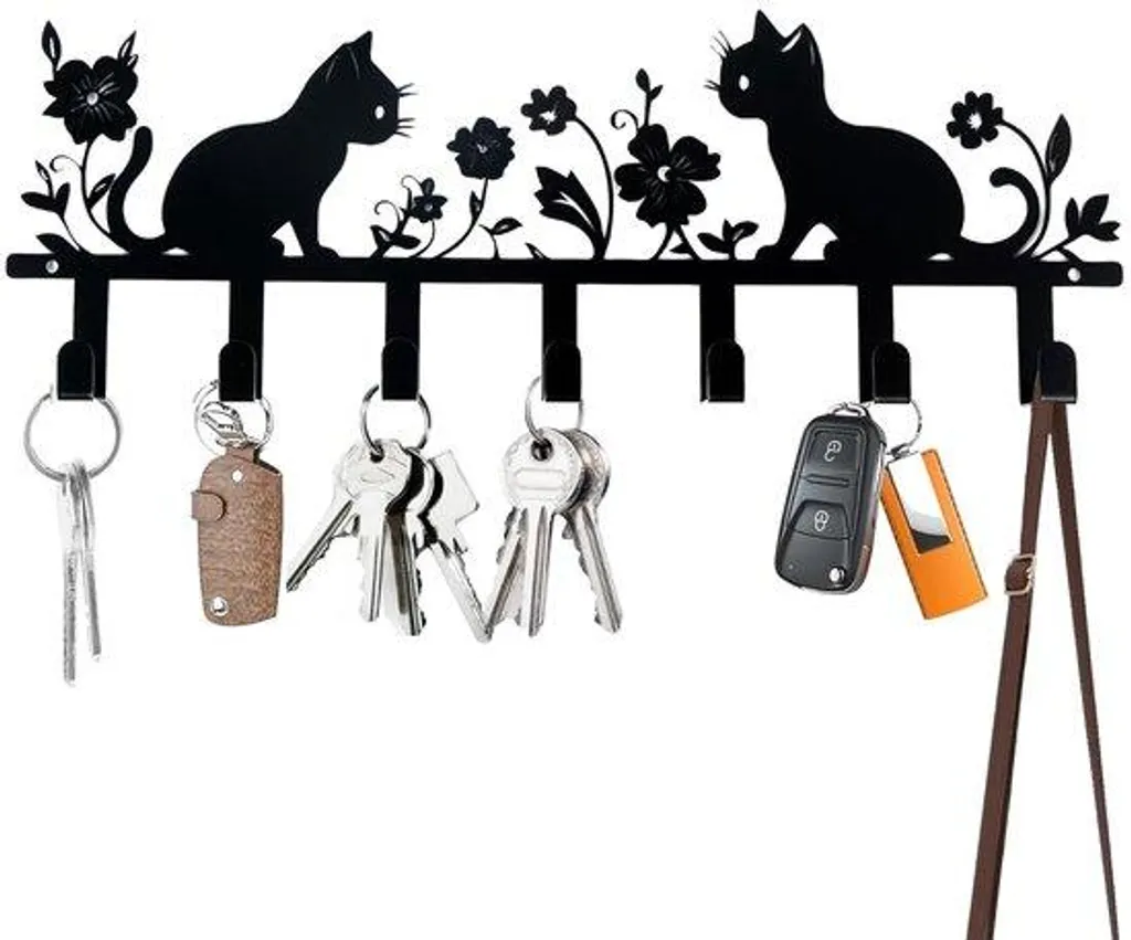 Porte-clés décoratif chat noir et fleurs, design plat gain de place
