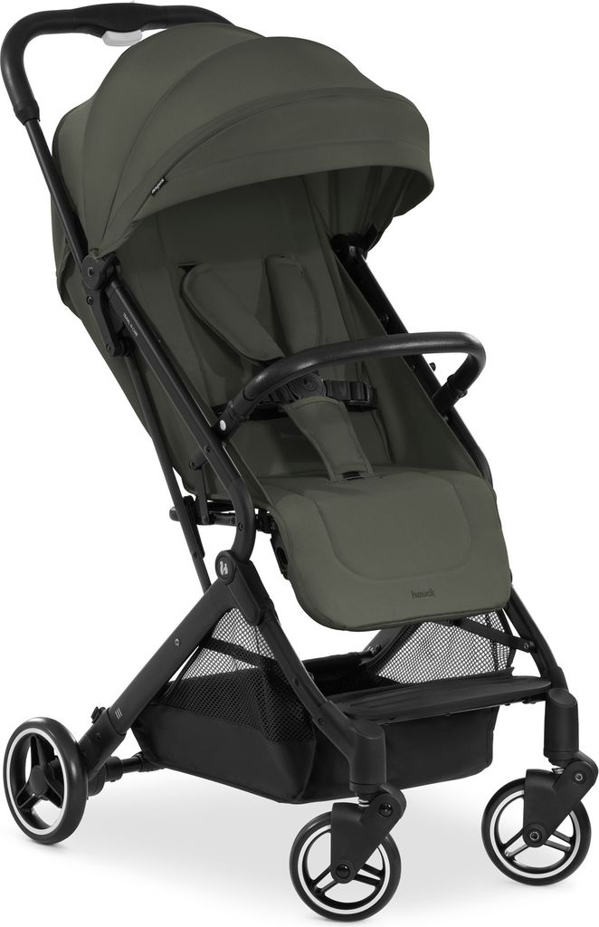 A studio shot of a dark olive green stroller against a white background.