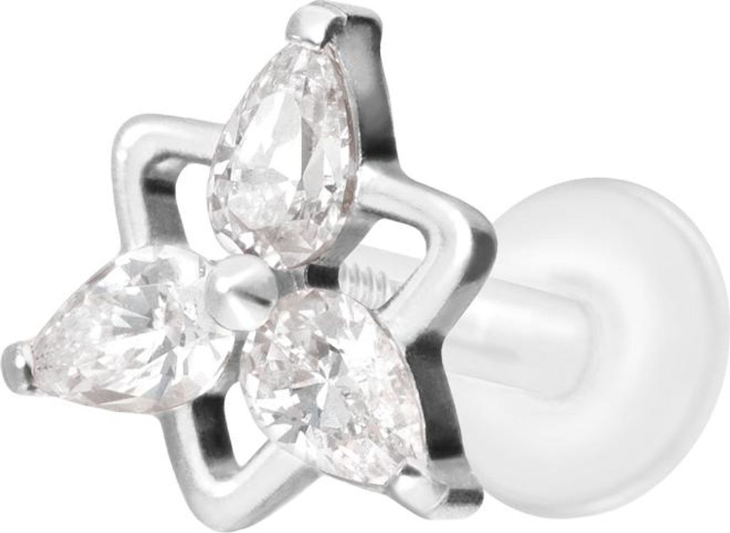 Ohrpiercing, Nasenpiercing PTFE Labret mit Innengewinde + Titan-Aufsatz KRISTALLBLUME Silber Stablänge: 6mm | Stabstärke: 1,2mm
