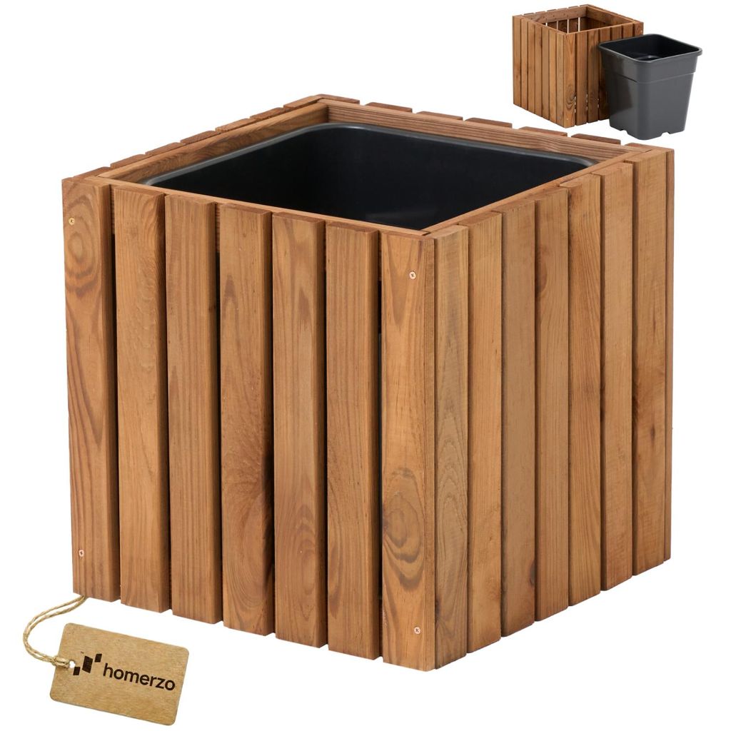 Blumenkasten für außen Pflanzen-Übertopf aus Holz mit Kunststoff-Pflanzeneinsatz 18 l Blumentopf eckig für Balkon oder Terrasse