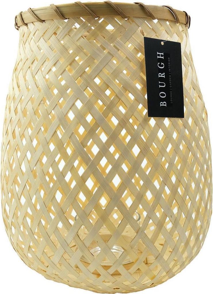 Bourgh BORGATA Windlicht 31 cm hoch, geflochten aus Bambus, dekorativer Teelichthalterung mit Glaseinsatz
