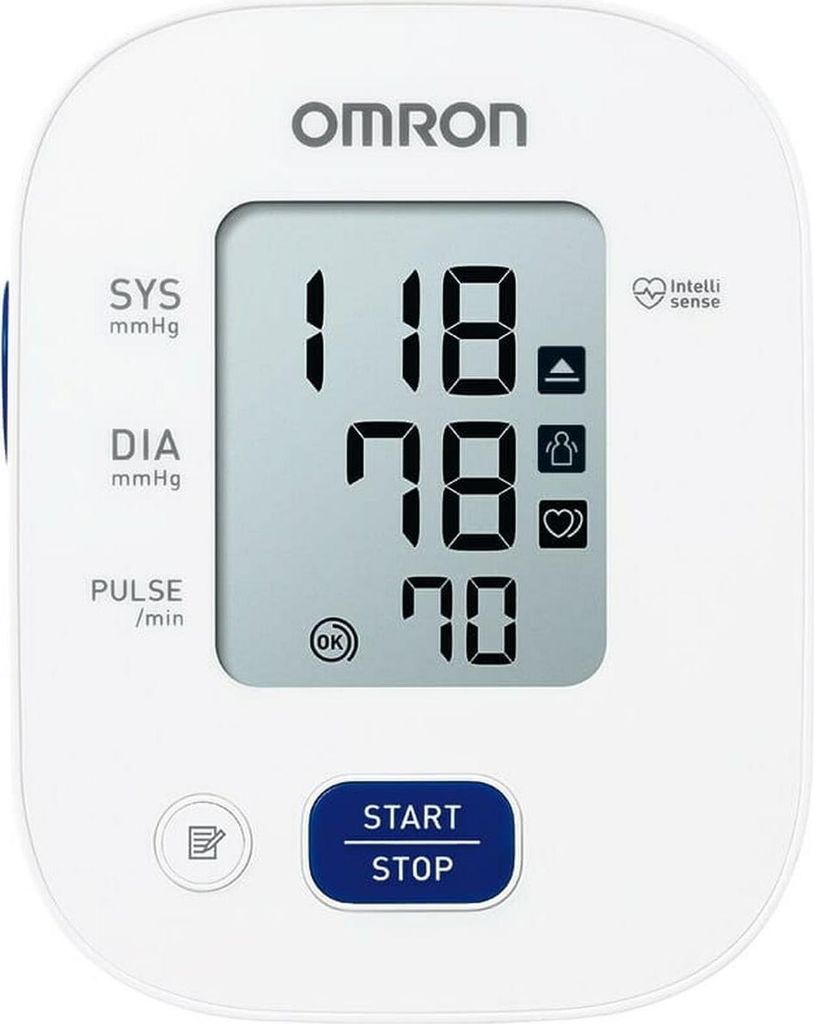 A white Omron blood pressure monitor is shown against a white background.