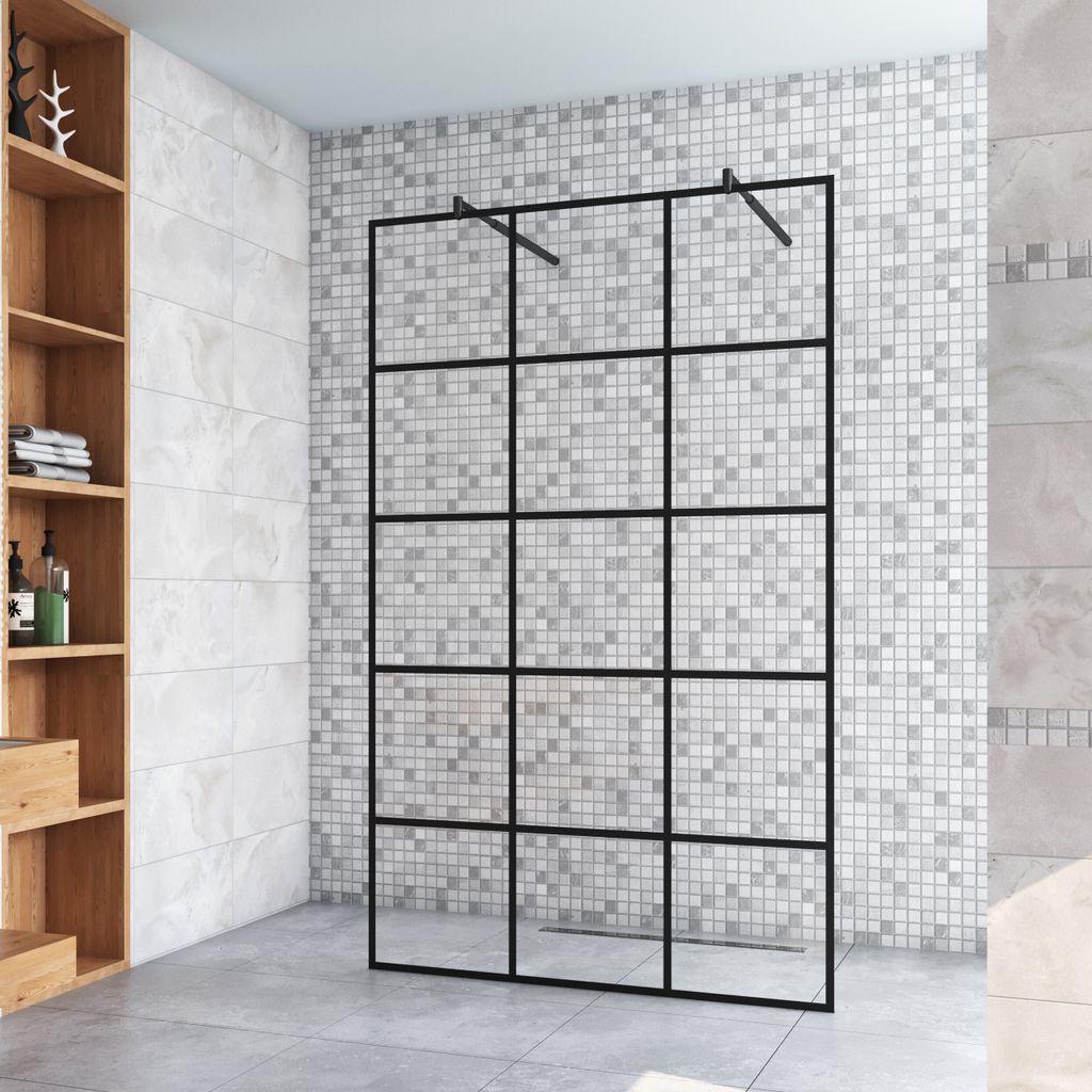 77.7x200cm+ mit 2 70-120cm Schwarz Stabilisator 8mm Nano Sicherheitsglas Walk in Gittermuster Streifen Duschwand Duschabtrennung