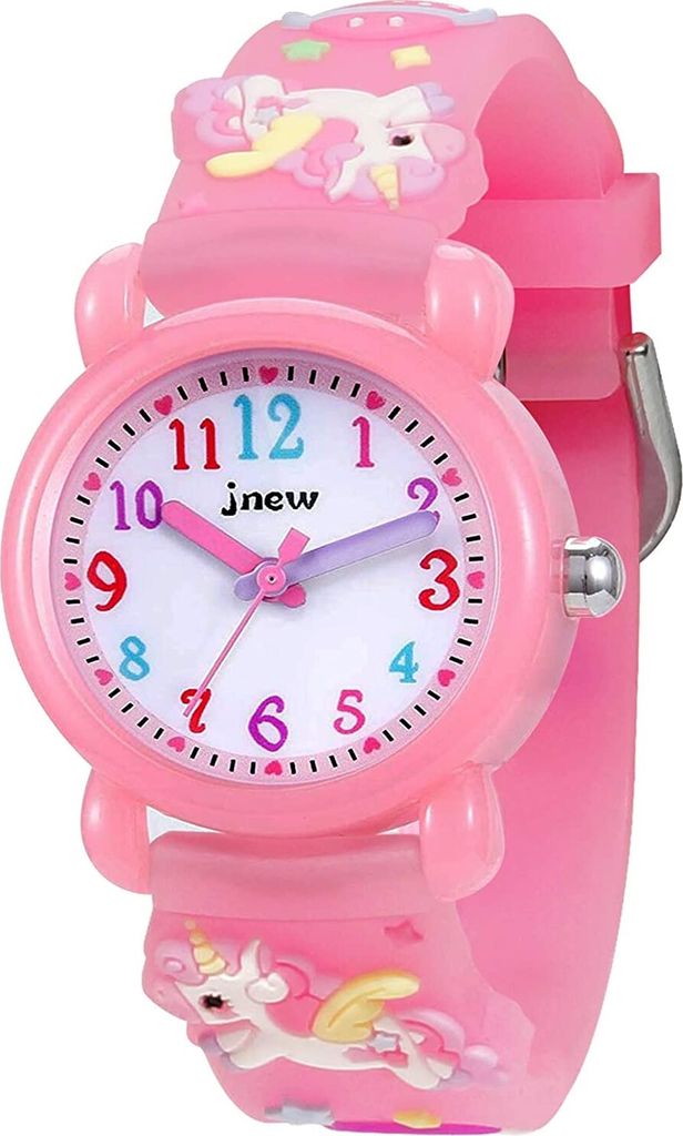 A pink children's watch with unicorn decorations.