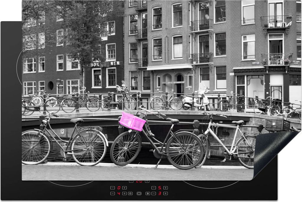 KitchenYeah Herdabdeckplatte Amsterdamer Grachten mit rosa Fahrradkiste , 81x52cm, Küche Deko, Glaskeramikfeld Herdabdeckung, Abdeckplatte fùr ...