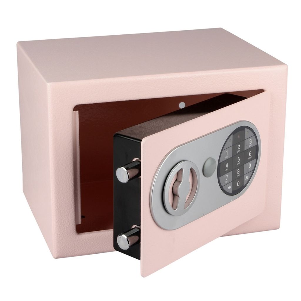 A pink safe with its door open, revealing the keypad and locking mechanism.