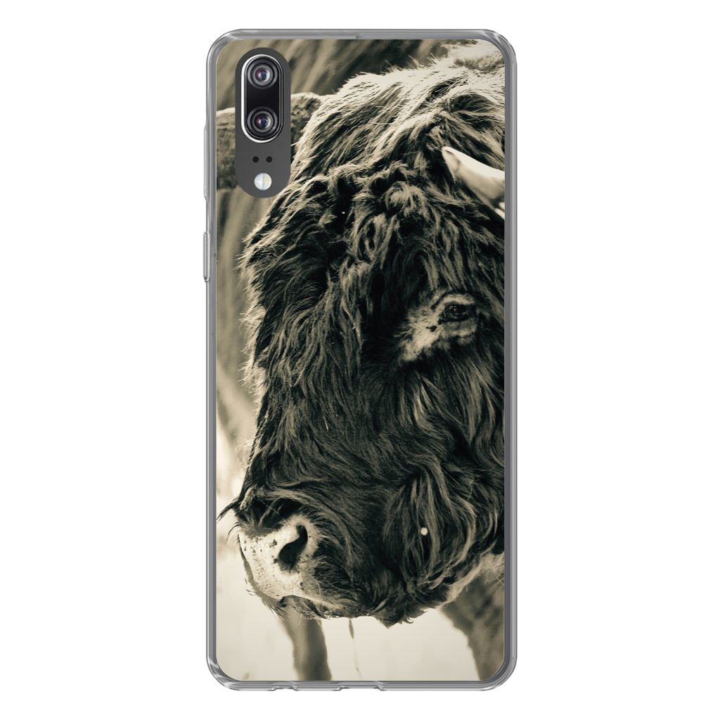 MuchoWow Handyhülle Schutzhülle Hülle für Huawei P20 Schottischer Highlander - Schnee - Hörner Silikon Softcase Handy Hülle - Hardcover