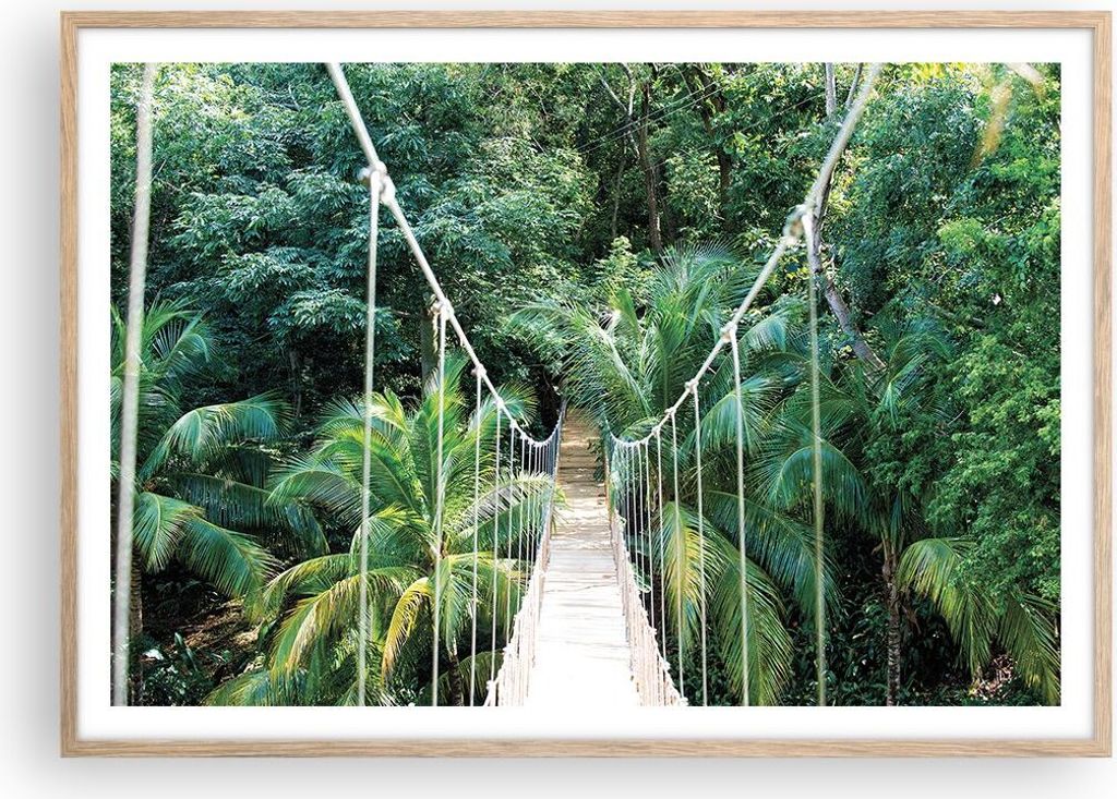 Gerahmtes Poster - Rahmen in heller Eiche - Tropen Dschungel Brücke - 100x70 cm - Wand Bild - Wanddeko - Wandbilder - Kunstposter - Wandposter - B...
