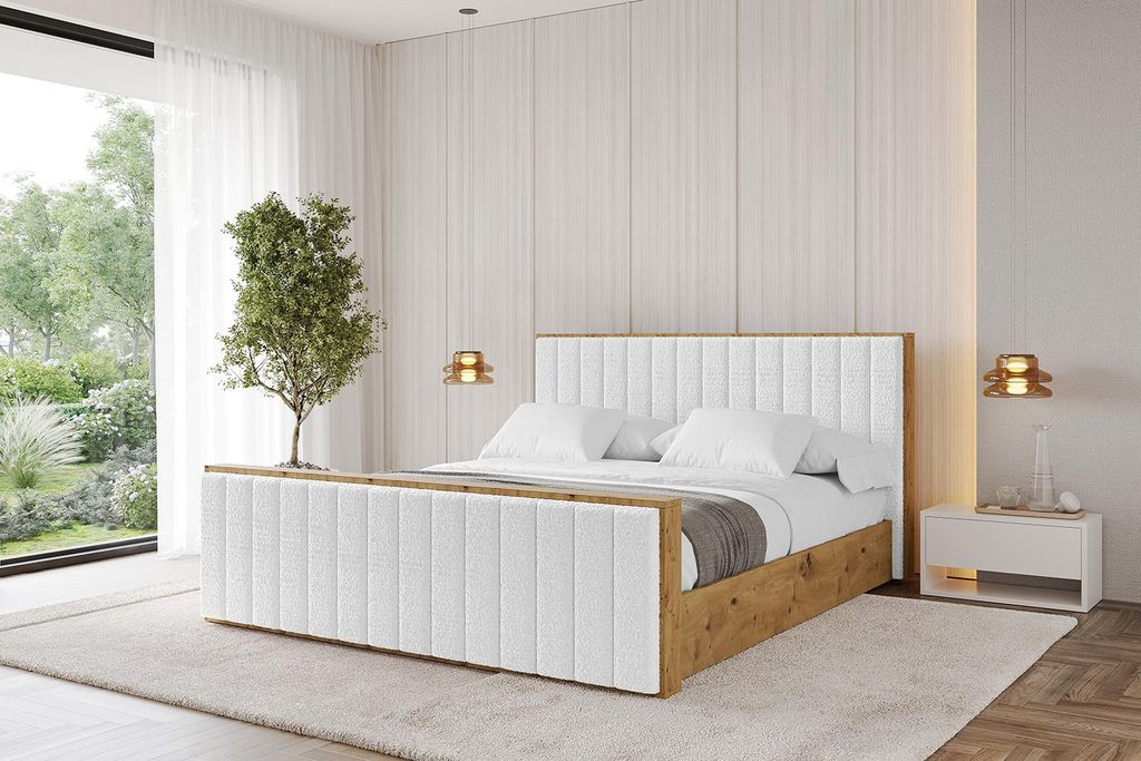 ALTDECOR Polsterbett mit Bettkasten - ENZO4-Z - 200x200 Weiß- Bett mit Matratze H3/H4, Kopfteil und Fußteil, Boxbett, Doppelbett mit Stauraum