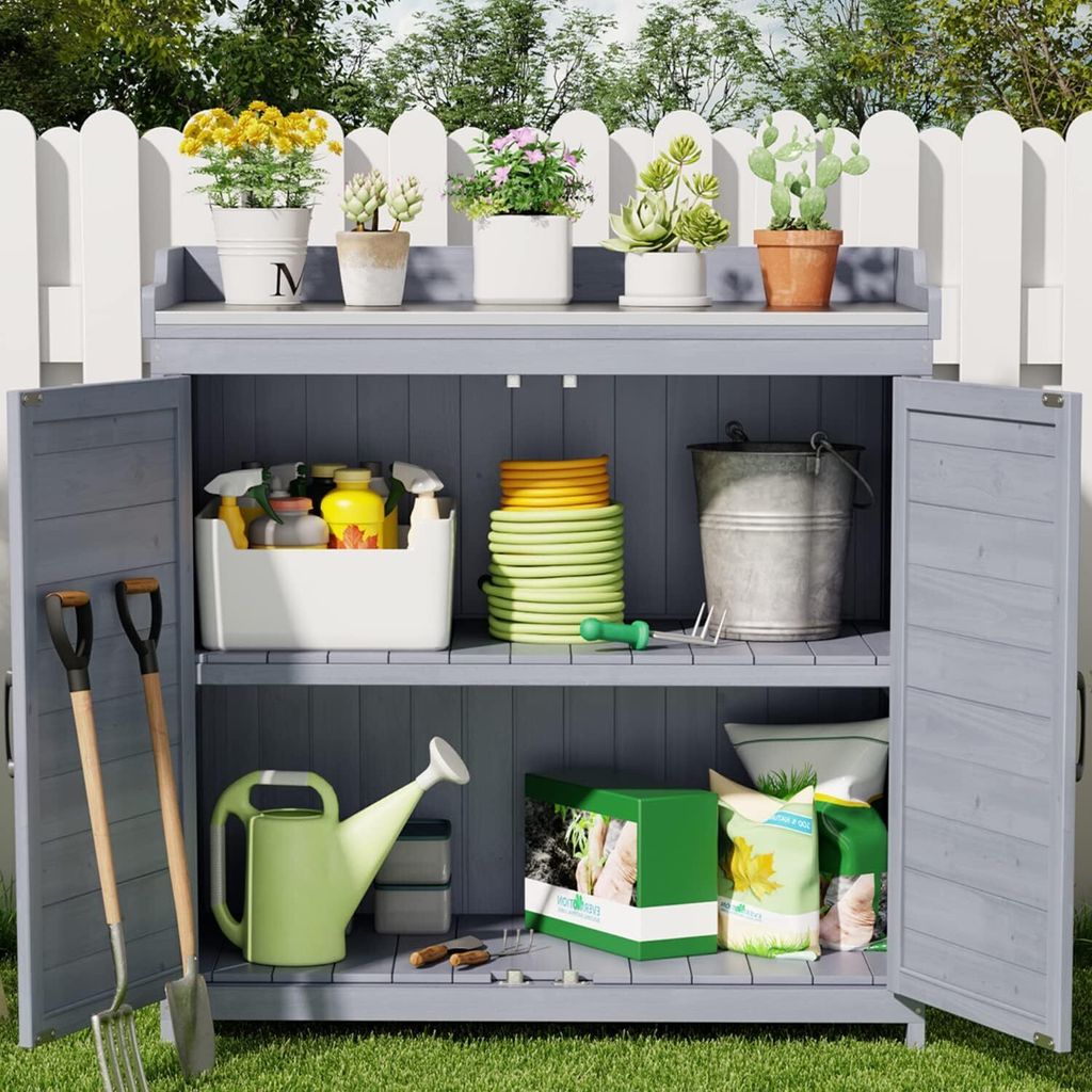 Pureday Gartenschrank Rollwagen - Beistelltisch - Outdoor-Küche - Holz Granit - Weiß Grau - Ca. B114 X T55 X H85 Cm