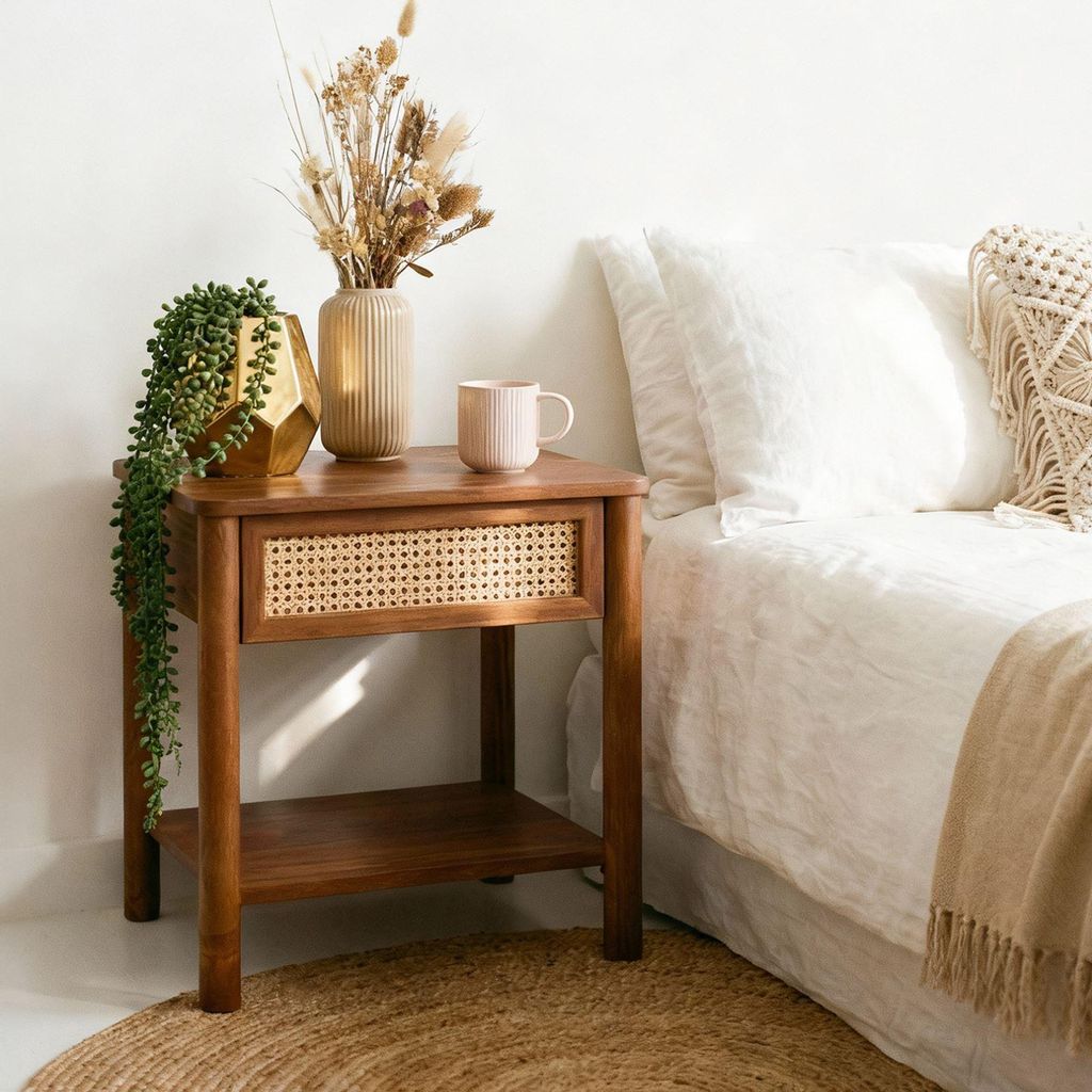Nachtkommode CEFIRA mit Schublade und Ablagefach, Kastanie Finish - Nachttisch aus Massivholz, Nachtschrank mit Rattan, Kleine Kommode ideal für d...