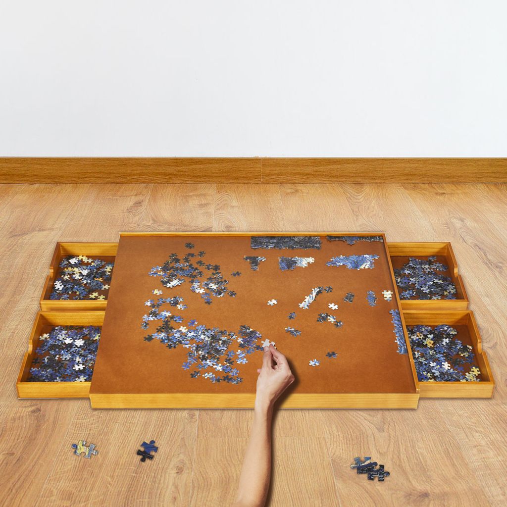GOPLUS Puzzleplateau aus Holz, Puzzletisch mit 4 Schubladen, Puzzle-Speichersystem für 1000-1500 Stück, Puzzleunterlage mit ebener Arbeitsoberfl...