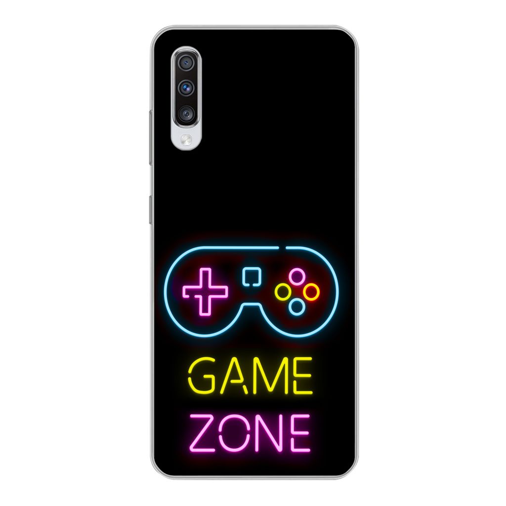 MuchoWow Handyhülle Schutzhülle Hülle für Samsung Galaxy A70 Controller - Spiel - Neon - Schwarz - Zitate - Spielzone Silikon Softcase Handy ...