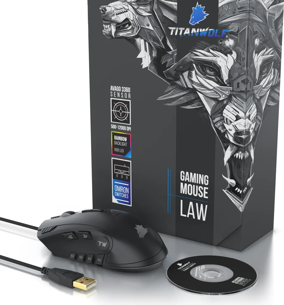 Souris de jeu pour PC et MMO Titanwolf 12 boutons avec réglage DPI et poids