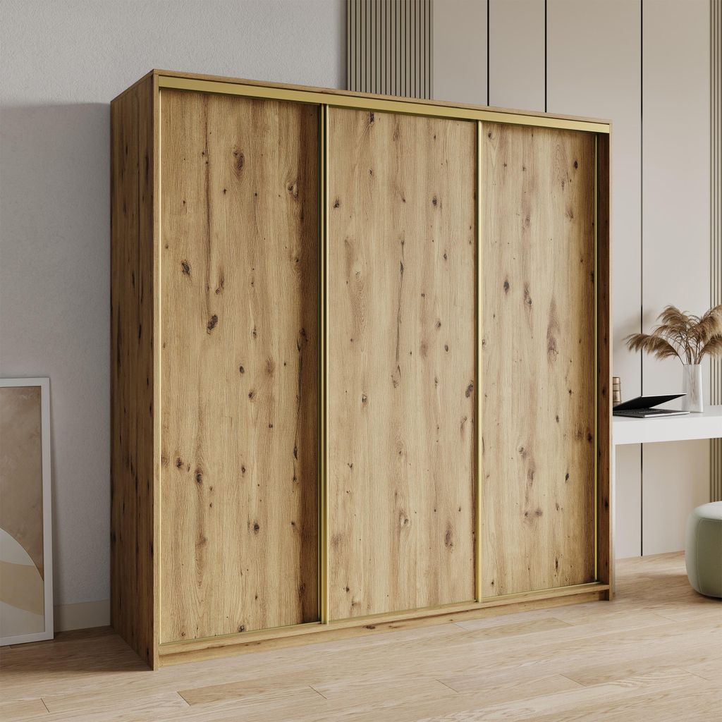 Masseno Schiebetürenschrank NISSE 180/205/60 cm Kleiderschrank mit 4 Schubladen Schlafzimmer Schrank 3-türig Eiche Artisan