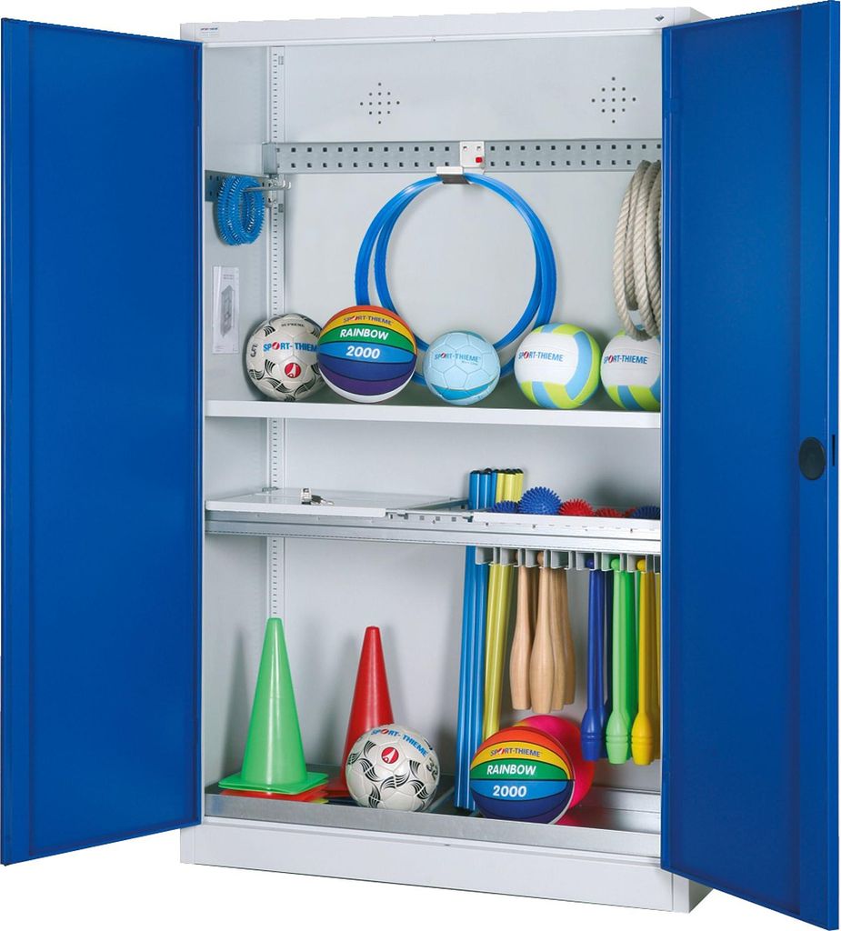 C+P Modul-Sportgeräteschrank "Komplettausstattung" mit Vollblech-Flügeltüren, HxBxT 195x120x50 cm, Ergo-Lock Muldengriff, Enzianblau (RAL 5010),...