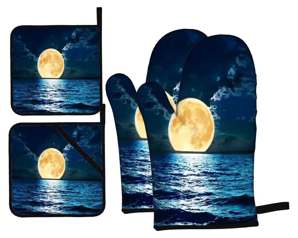 Ofenhandschuhe und Topflappen-Set, Mondschein-Wassermuster, 4 Stück, zum Backen und Grillen