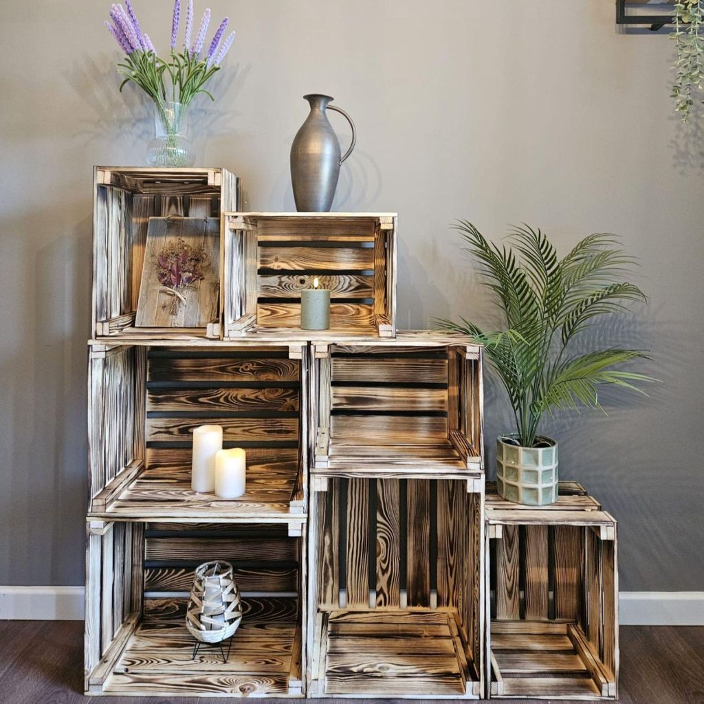 7-er Set - Vintage Holzkisten Geflammt – 50x40x30 cm (4 Stück) & 40x30x25 (3 Stück) cm – Weinkisten und Obstkisten , Dekokisten , Regale, Hol...