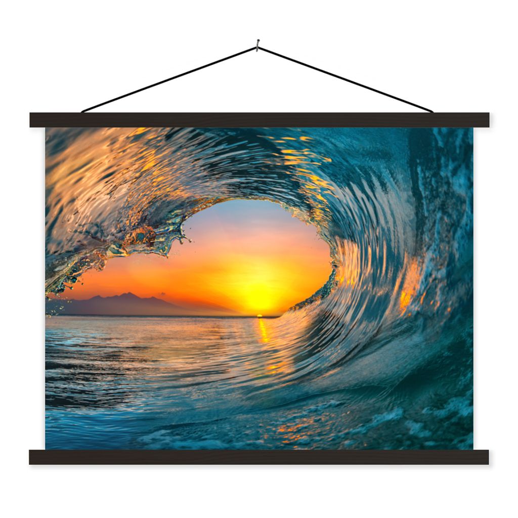 MuchoWow Textilposter Sonnenuntergang - Wasser - Welle - Orange 150x113 cm mit schwarzem Rahmen - Wohnzimmer