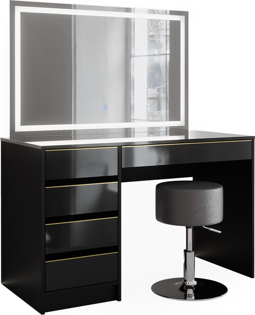 Schminktisch Vicco Sherry Schwarz/Gold 120 cm mit LED-Spiegel und Hocker, Model 47714