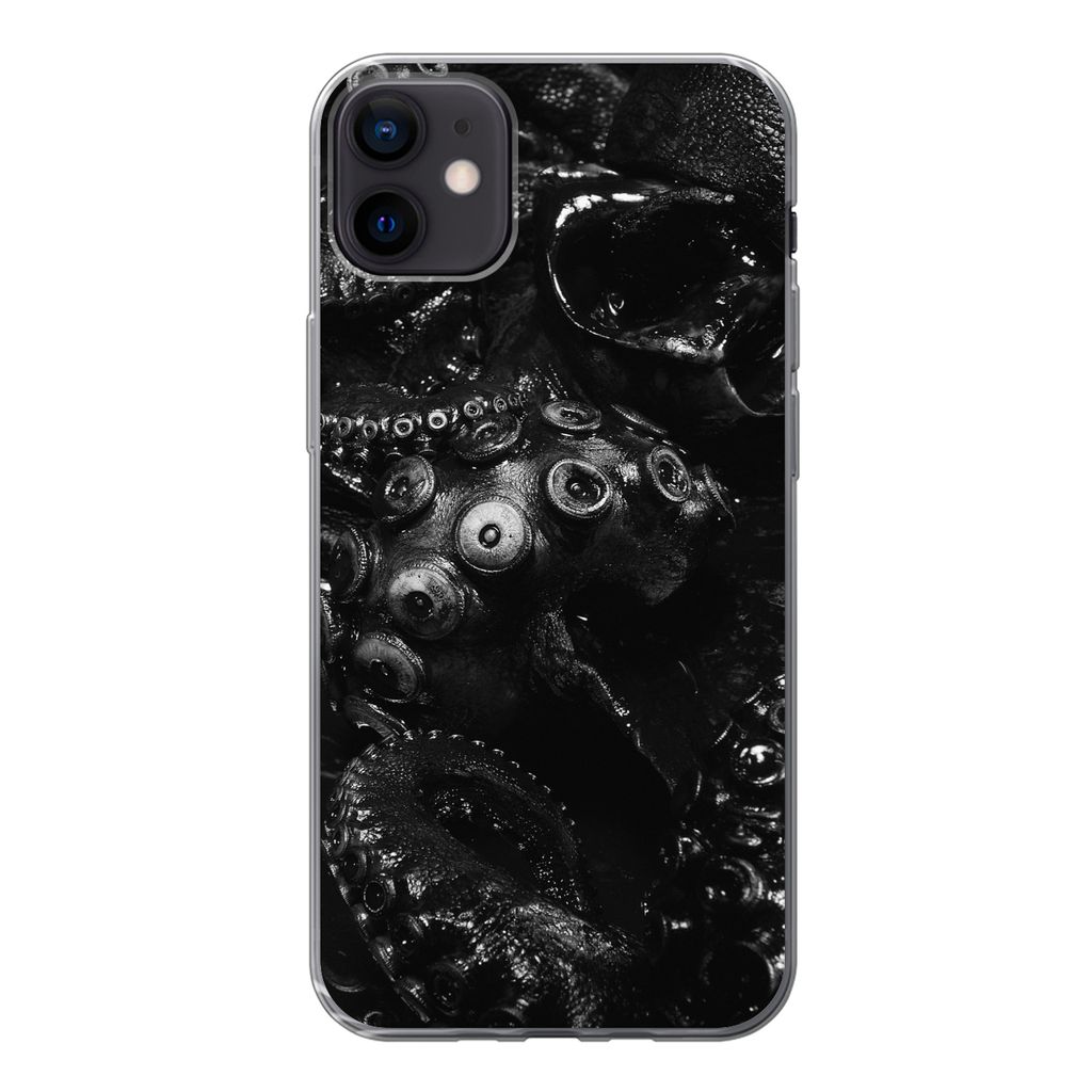 MuchoWow Handyhülle Schutzhülle Hülle für iPhone 12 mini Nahaufnahme Oktopus auf schwarzem Hintergrund in schwarz und weiß Silikon Softcase ...