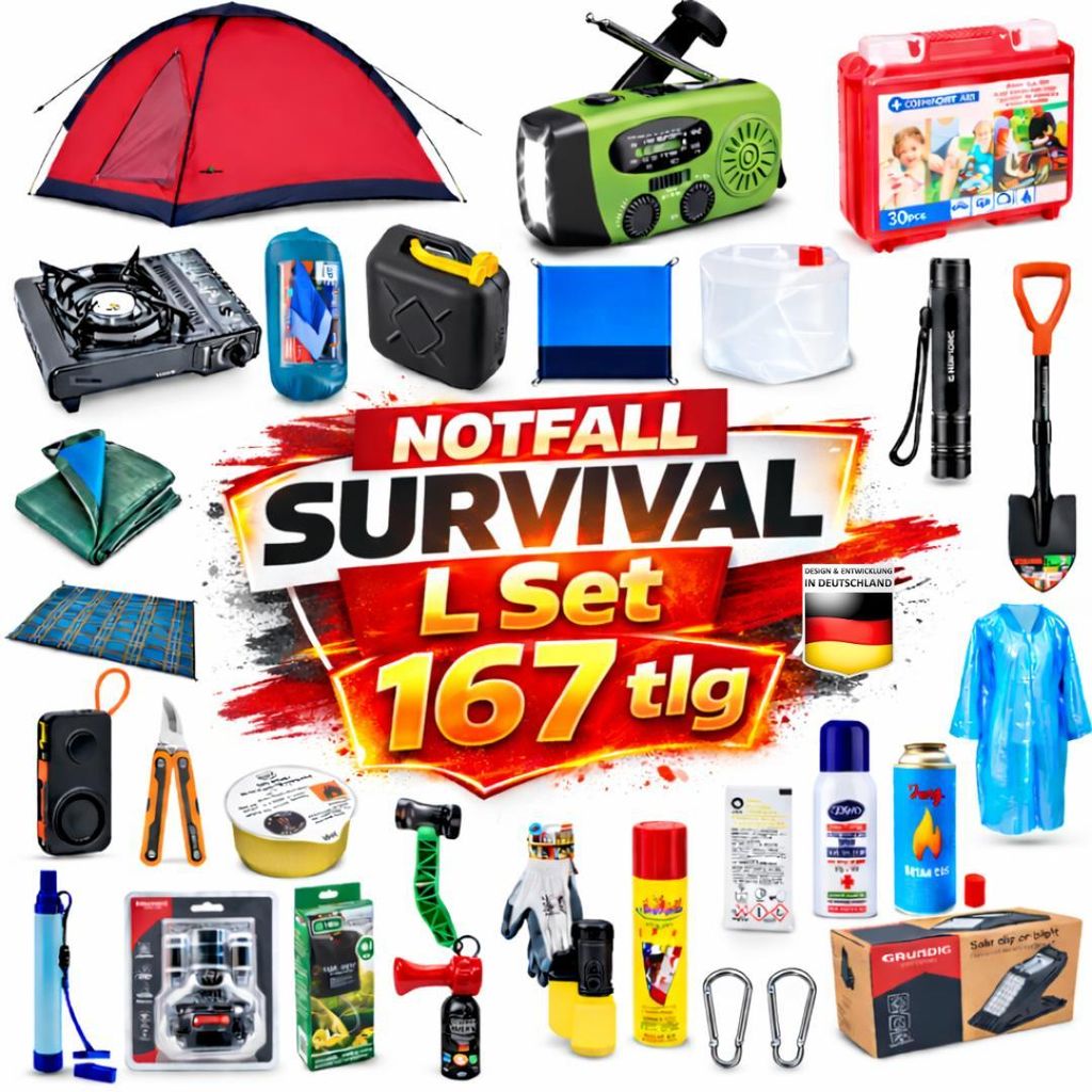 BLACKOUTPro Notfall Survival Kit 167 tlg L Blackout Ausstattung Set Prepper Notfallausrüstung | Notfallrucksack| Camping & Outdoor Emergency Set